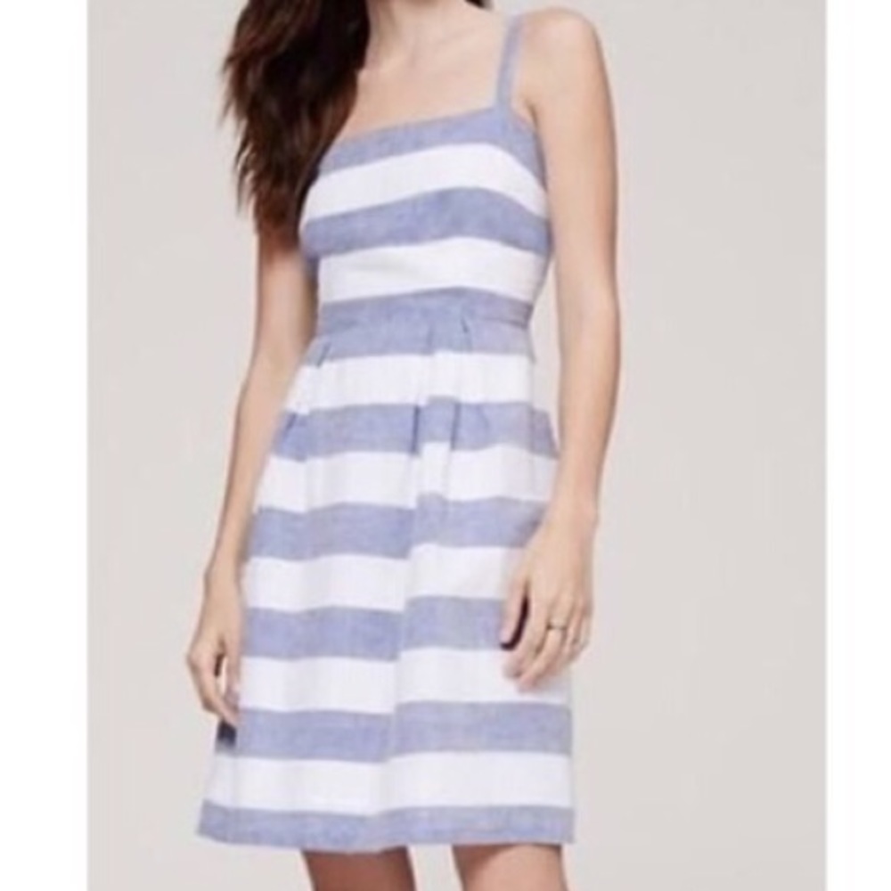 LOFT Blue White Striped Linen Dress